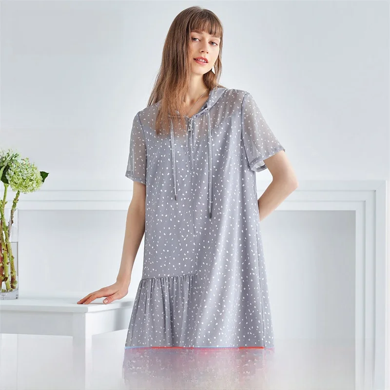 

Cboca Anti-Aging Fre 90% Silk Printed Casual Hooded ort Sve Real Silk Dr Street Sle mid Waist Summer ...