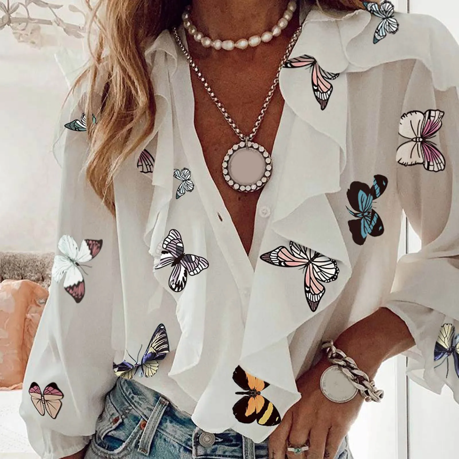 

Women Ruffles Blouses 2024 Fashion Sexy V neck Tops Elegant Long Sleeve Flare Cuff Shirts Casual Button Up Party Blusas