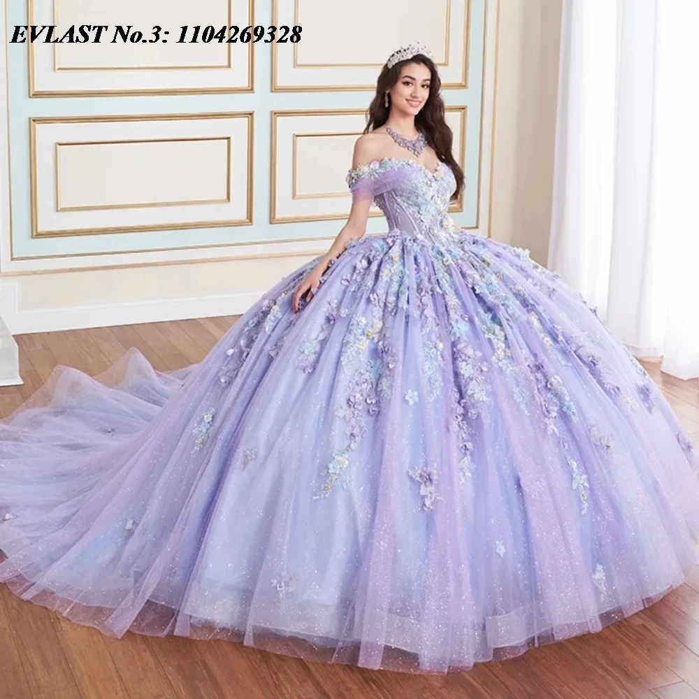 

EVLAST индивидуальное лавандовое сиреневое платье Quinceanera, бальное платье с 3D цветочной аппликацией, корсет из бисера, Sweet 16, Vestidos De 15 Anos E3Q99