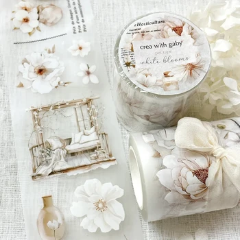 Creawithgaby Studio 빈티지 흰색 꽃 Washi PET 테이프 플래너 DIY 카드 만들기 스크랩북 계획 장식 스티커