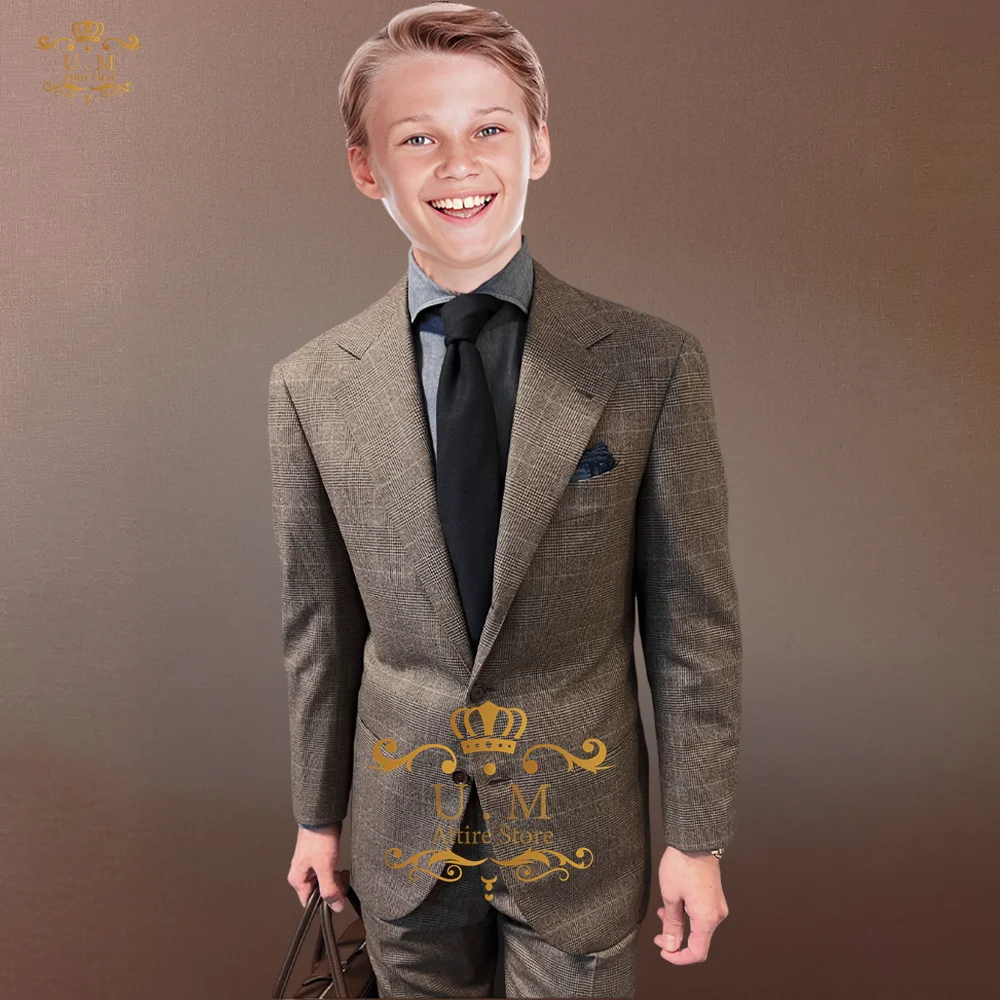 Haute Couture Checked Suit for Boys Dark Khaki 2pcs Jacket Pants Set Wedding Kids Groom Formal Notch Lapel Party Prom Tuxedo
