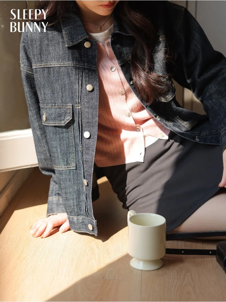 

Women Spring Denim Jacket Retro Cantonese Style Turn-down Collar Casual Loose Blue Black Top Petite Ladies Streetwear Daily Wear