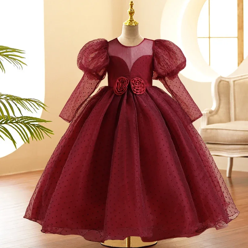 Letnia sukienka dziecięca z długim rękawem dla dziewczynek Kostium koronkowa sukienka księżniczki dla dziewczynki Sukienka urodzinowa w kolorze żółtym