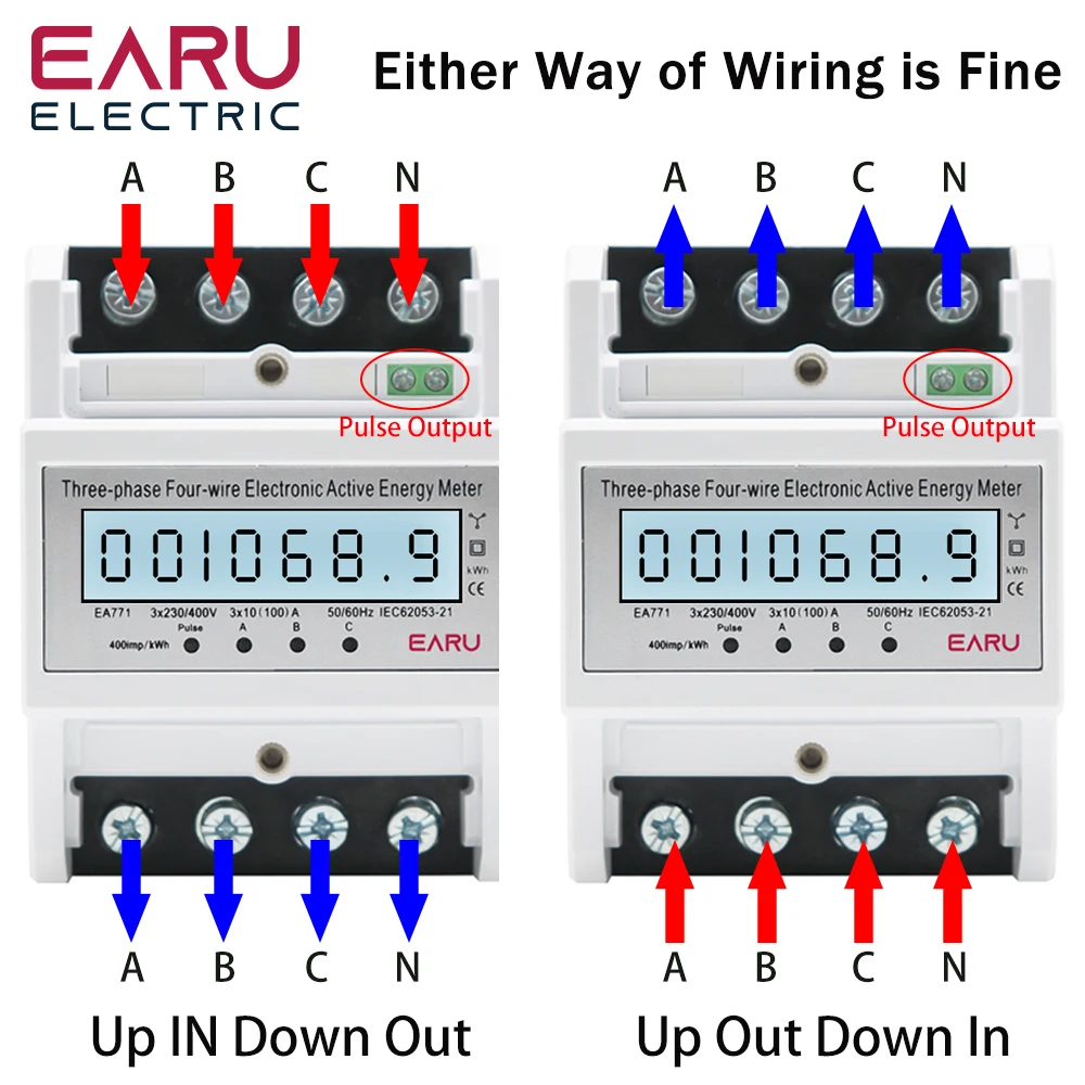 Din Rail AC 230 380V 3 Phase 4 Wire Energy Meter Power Consumption Monitor kWh Meter Wattmeter Bivolt 100A 50/60Hz LCD Backlight