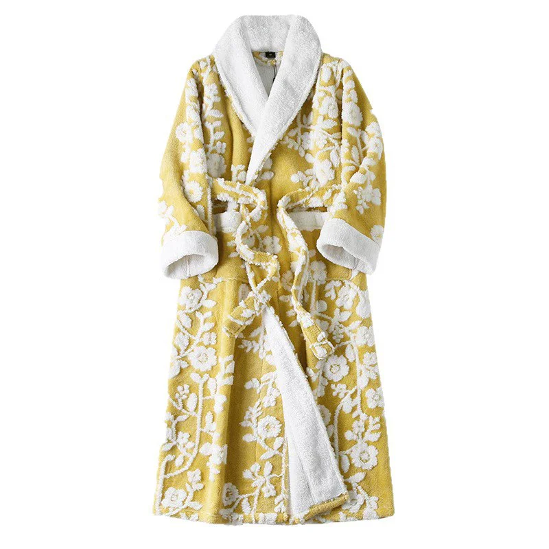 Winter Flannel Couple Long Robe Sleepwear Jacquard Double-Layer Thick Coral Fleece Homewear Nightgown Loose Loungewear Bathrobe