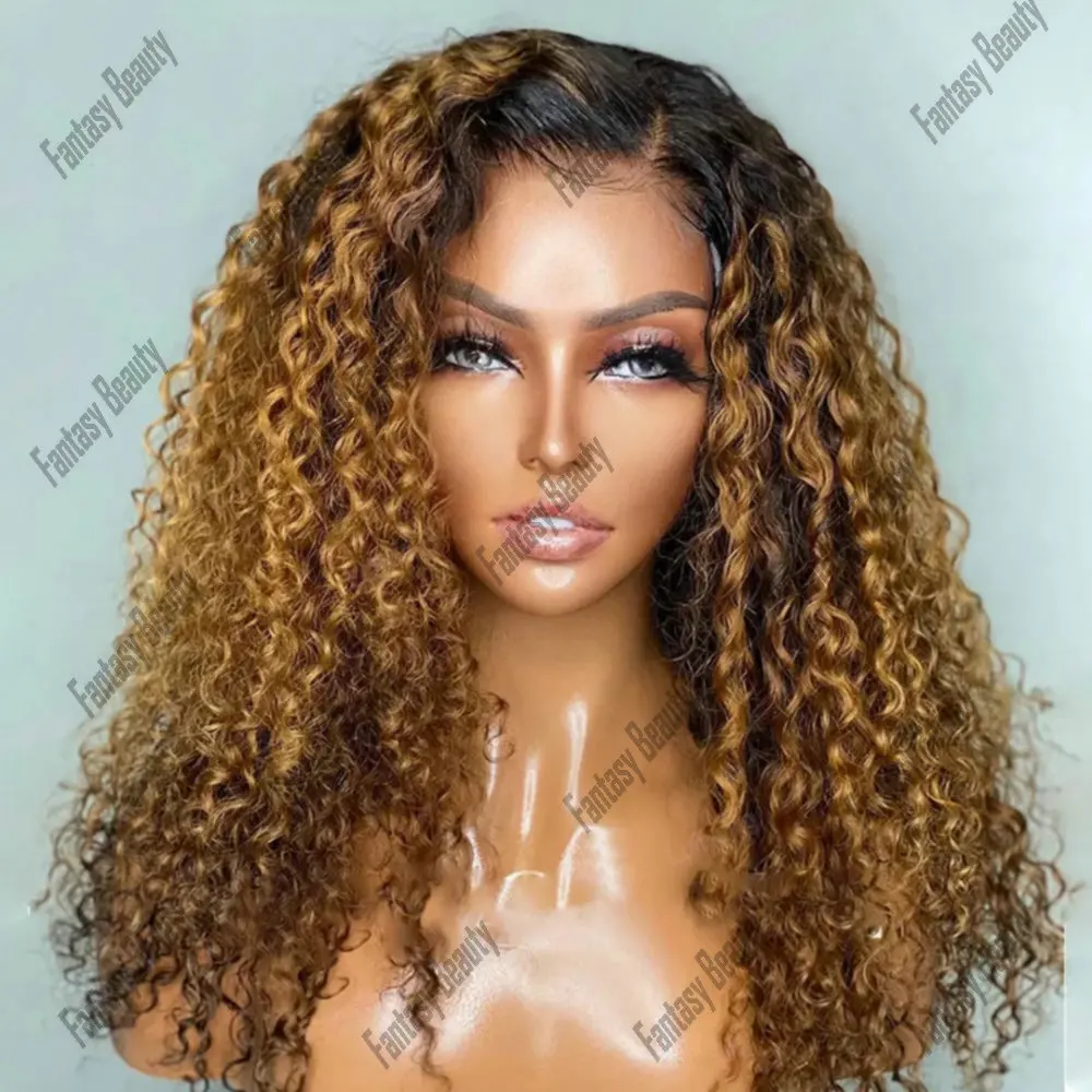 

Full Lace Wigs 100% Remy Human Hair Ombre Honey Brown Kinky Curly 360 Lace Frontal Wigs Human Hair for Women 13*6 Lace Wig