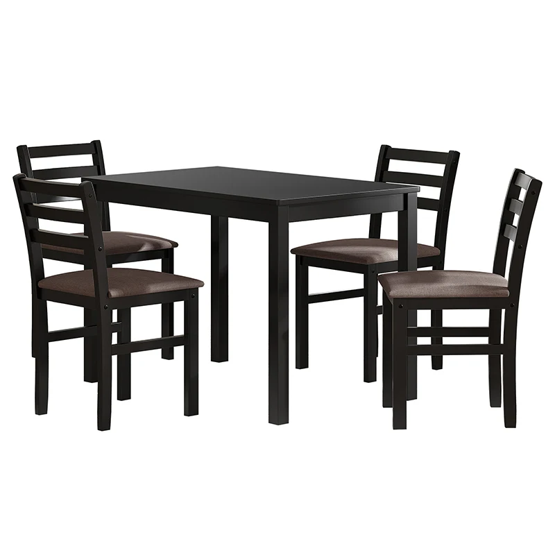 5PCS Stylish Dining Table Set 4 Upholstered Chairs with Ladder Back Design for Dining Room Kitchen Brown Cushion and Black (=OLD