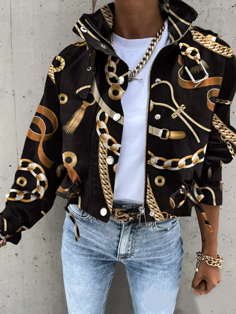 Frauen Neue Casual Langarm Kurze Jacke Damen Herbst Niet High Neck Modische Gedruckt Einreiher Jacke