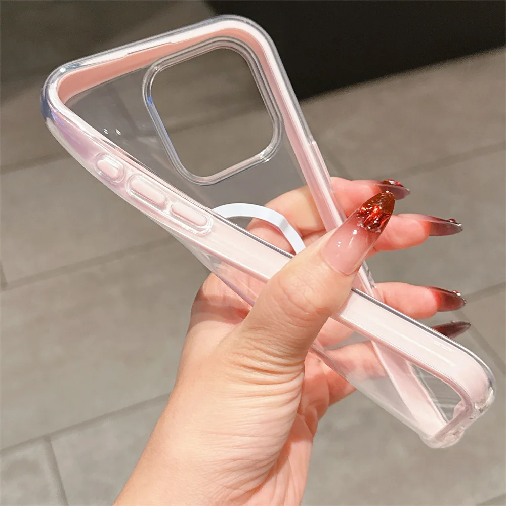 Luksusowe przezroczyste etui z miękkim kolorowym bumperem do iPhone'a 16 15 14 Plus 13 12 Pro Max 11 Odporne na wstrząsy magnetyczne etui z bezprzewodowym ładowaniem