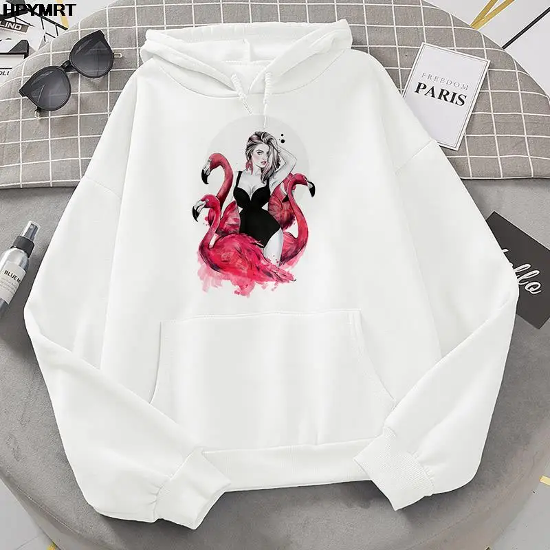 Flamingo beauty Printed Hoodies Harajuku Funny Cartoon Hoodies Women Pocket hoodie Graphic 90s Sweatshirt Vintage Hoody Female