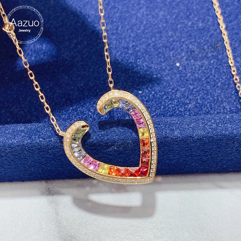 Aazuo Fine Jewery18K Yellow Gold Natural Sapphire Real Diamond Lovely Rainbow Heart Necklace Gifted For Women Birtthday Party