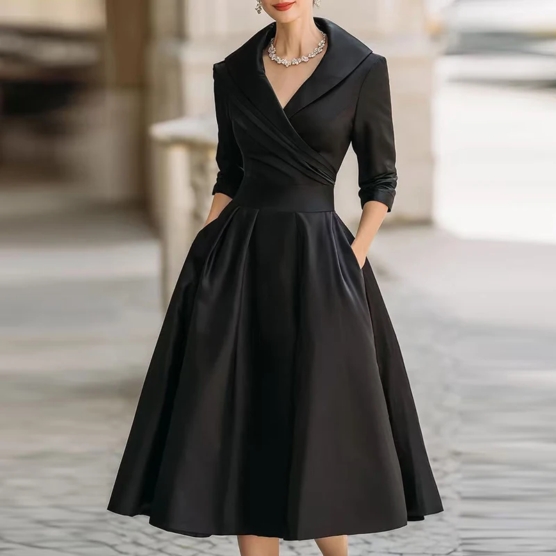 Sexy decote em v manga longa senhora banquete vestido temperamento cetim plissado vestido de festa elegante cor sólida cintura alta vestidos de deslocamento