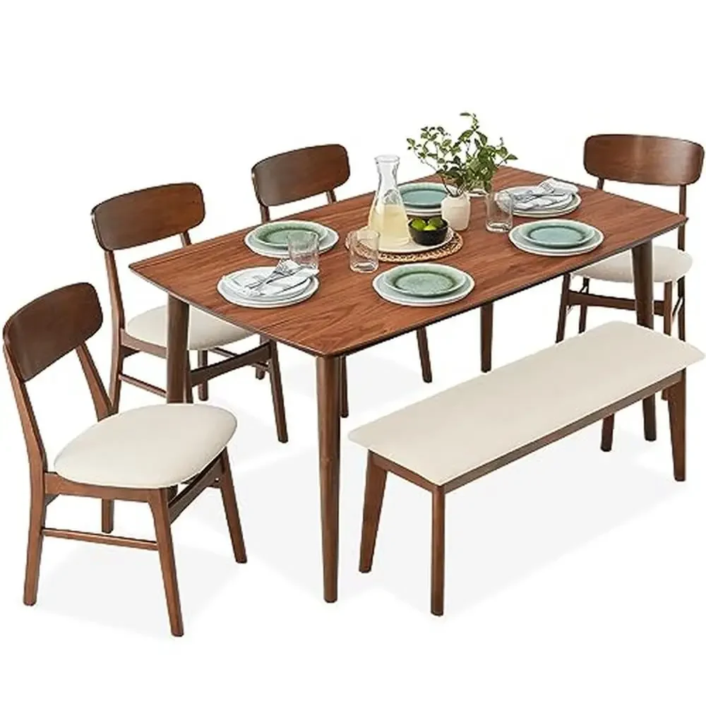 Modern 6-Piece Dining Set Wood Table Bench Upholstered Chair Cream Walnut Aesthetic Home Furniture