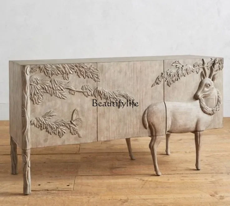 

LX Nordic American retro old solid wood carving flower foyer porch cabinet living room locker