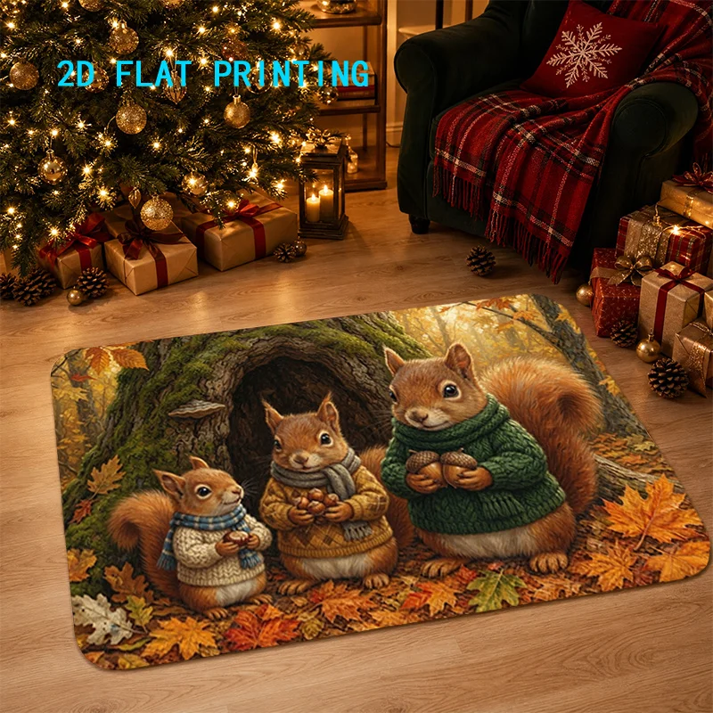 Autumn Squirrel Family Woodland Scene Doormat for Entryway Hallway Decor Seasonal Welcome Mat