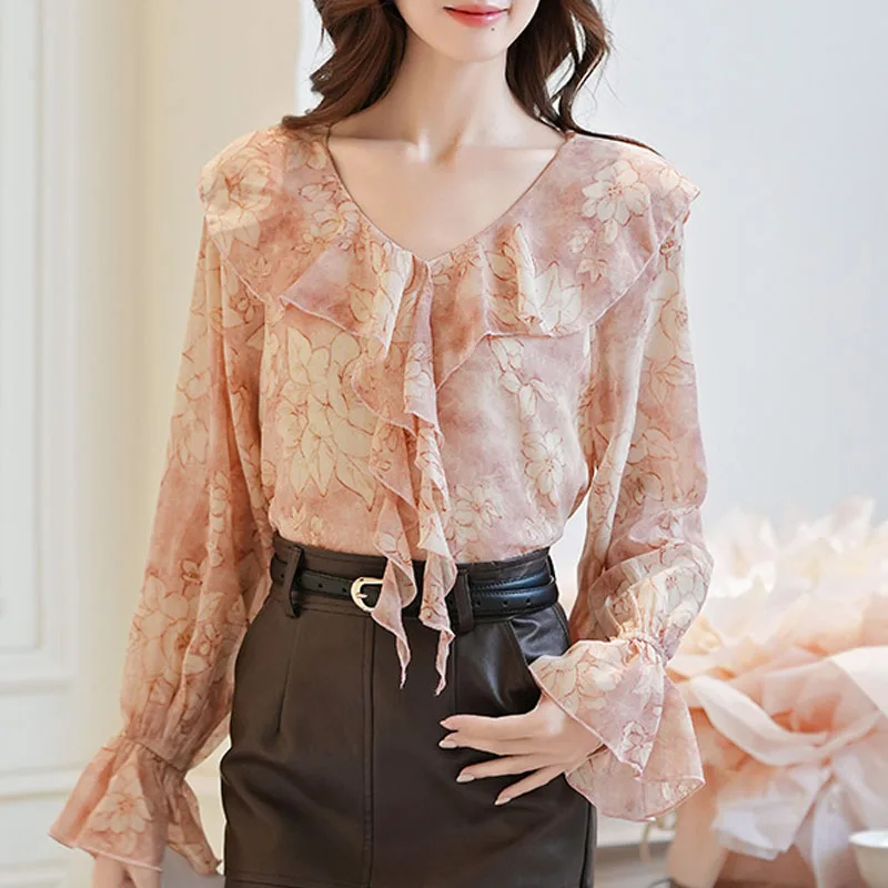 

Women Blouse Shirt New Long Sleeve V-Neck Elegant Print Ruffles Blouse Shirt Women Tops Blouses Shirts Blusas Camisas 2025 Q743