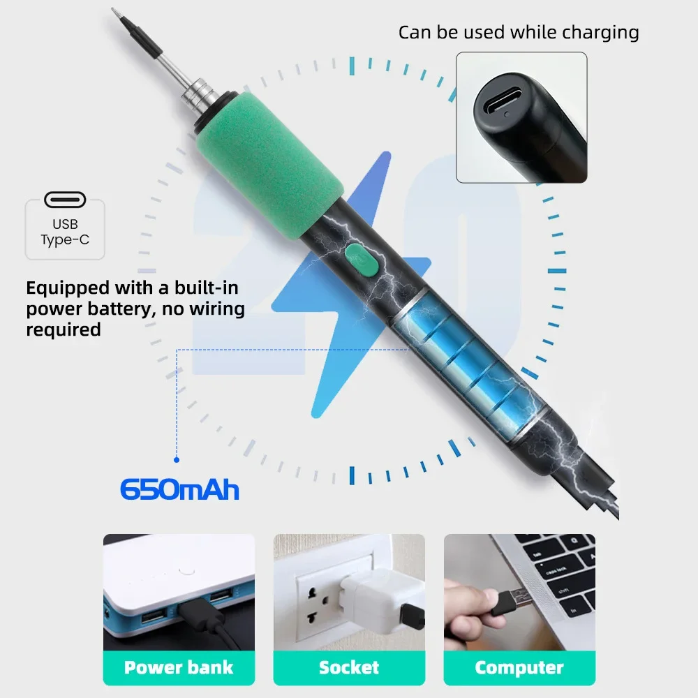 Kit Ujung Besi Solder Nirkabel Portabel 5V 15W Alat Solder Mini Kontrol Suhu Tiga Tingkat untuk Set Perbaikan Rumah DIY