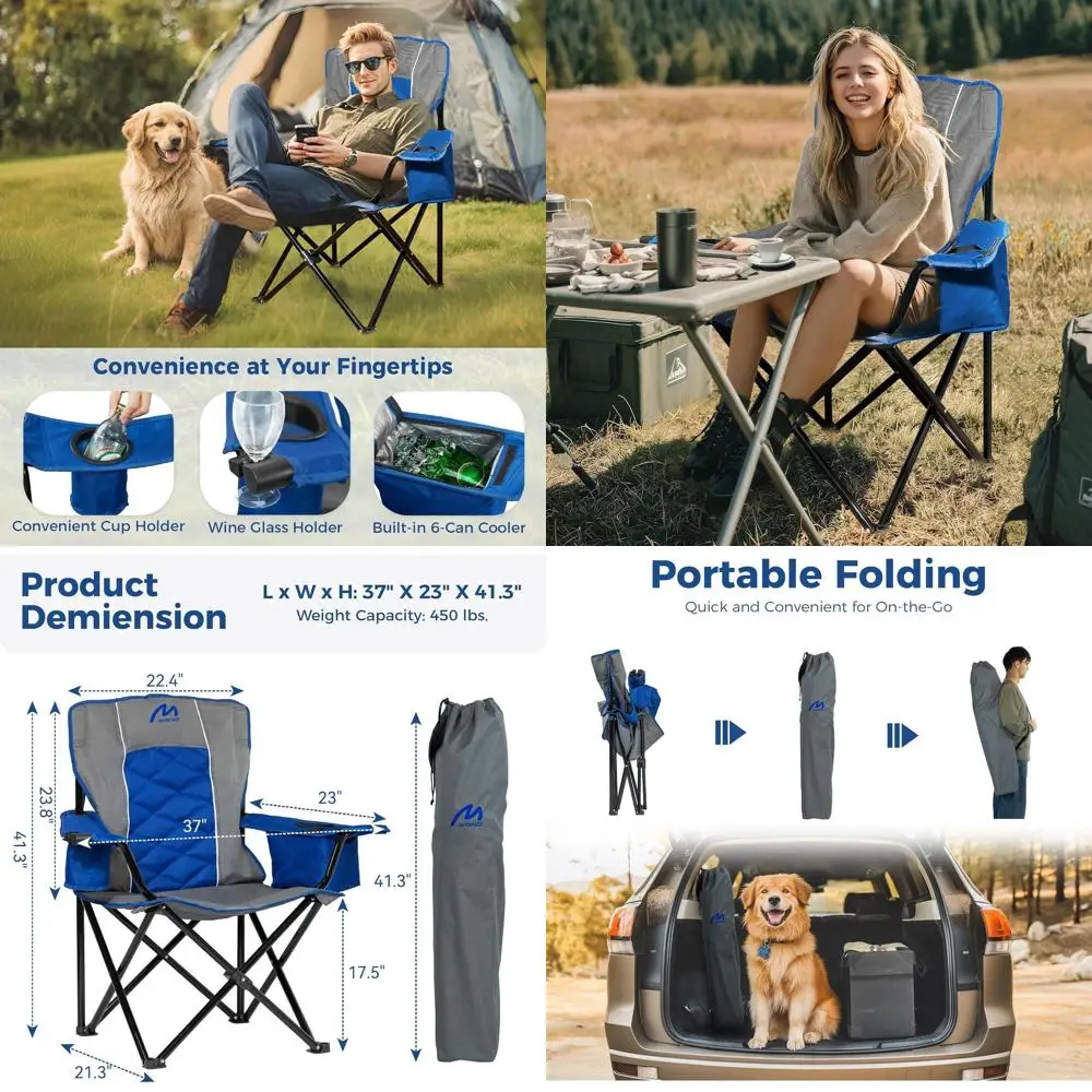 

Портативный стул для кемпинга на открытом воздухе с мягким сиденьем, грузоподъемностью 450 фунтов, охладителем на 6 банок и сумкой для переноски — серый и сапфирово-синий
