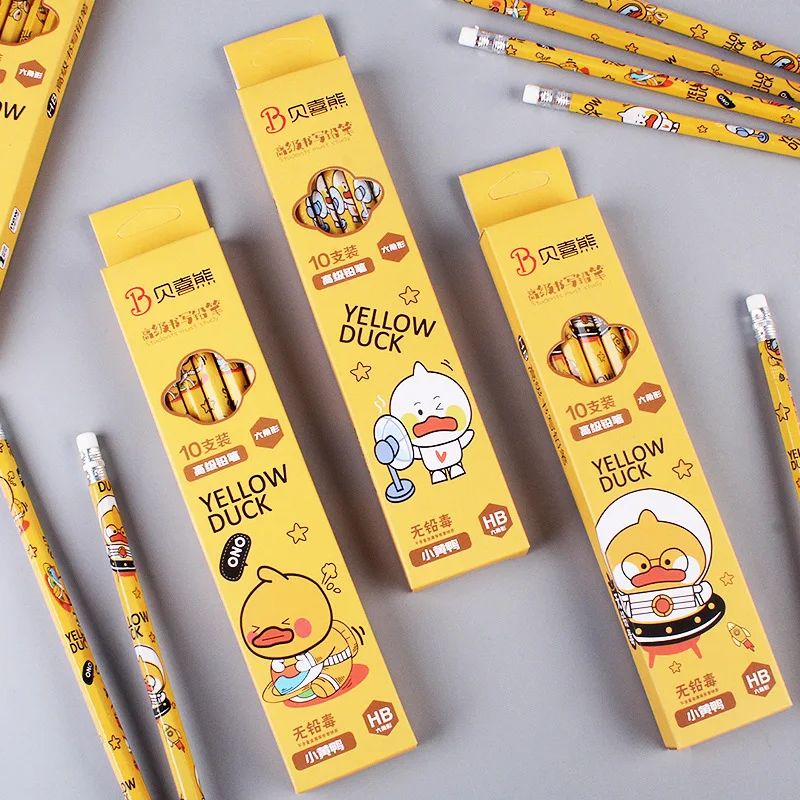 10 pçs/set bonito dos desenhos animados amarelo pato hb lápis desenho desenho hexagonal lápis escritório escola supples kawaii papelaria presente