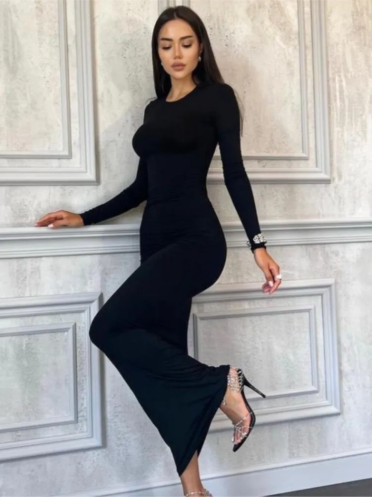 

Trend Solid Color Slim Long Dresses Women Spring Autumn New Long Sleeve O Neck Package Hip Bodycon Dress Vestido Lady Streetwear