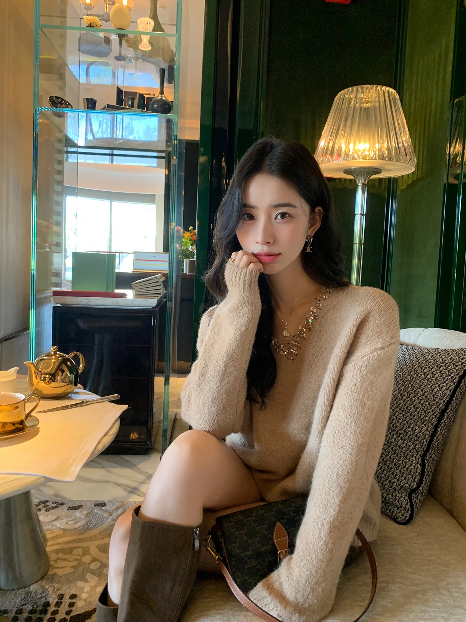 

Pusumede Faionable Handmade Beaded V-Ne Pullover Women's iny Knitwear Casual Loose Fit Long Sve Autumn Top