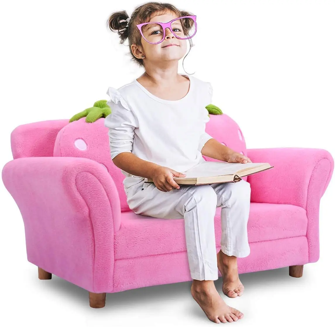 أريكة للأطفال الصغار مع وسائد فراولة، مقعد منجد للأطفال، صوف مرجاني، إطار خشبي، وردي