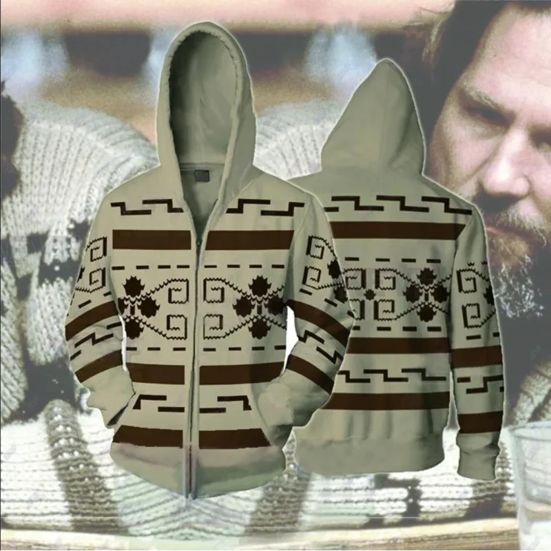 Big Men Hooded Cosplay Jeffrey Lebowski Jacket The Dude Costume Khaki 3d Digital Printing Sweater Hoodie Halloween OA3784