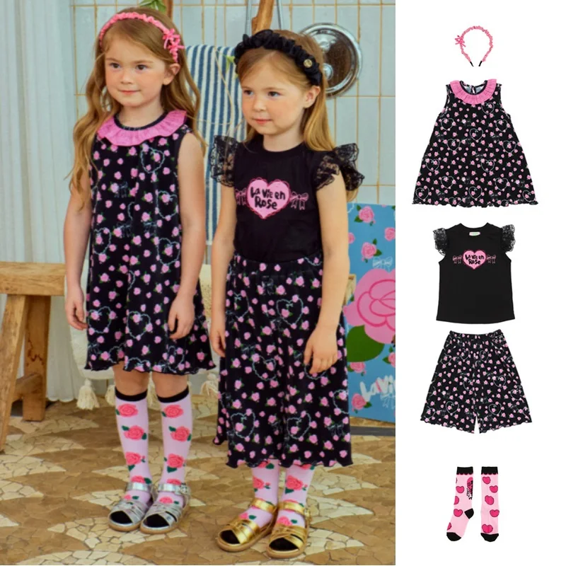 

Girls Dress 2025 Summer New Black Roses Fashion Cute Children's Dress Cotton Sweet Girls T-shirt Short-sleeved Wide-legged Pants