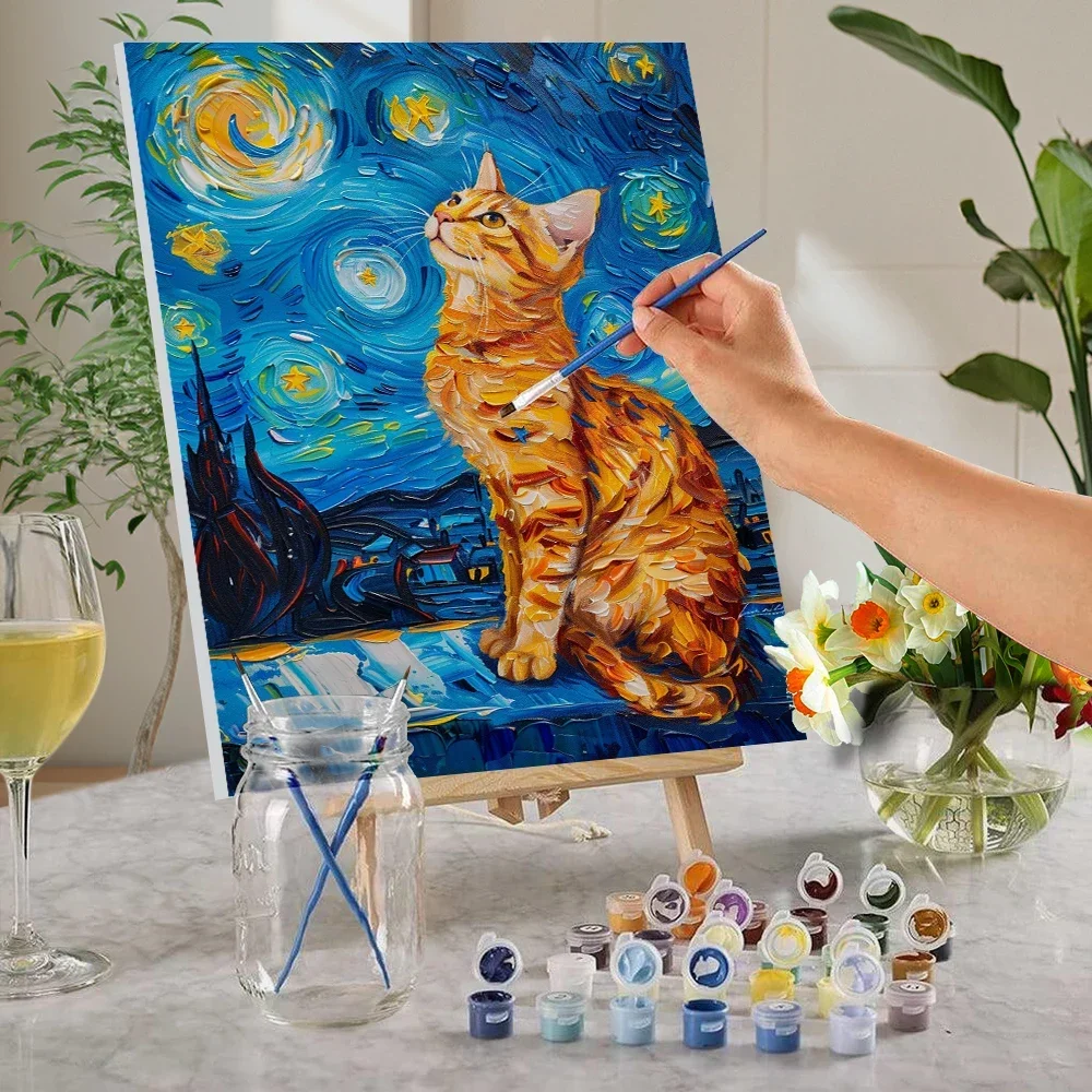 121876 DIY hand drawn graffiti painting of cats under the starry sky, suitable for holiday leisure creation, holiday gift