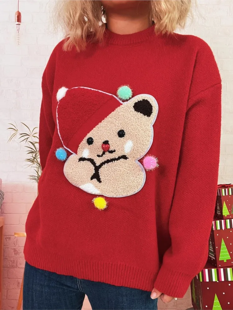 

Новый женский милый свитер с мультяшным медведем, вязаный топ, осенне-зимний элегантный повседневный шикарный свитер с длинными рукавами и круглым вырезом