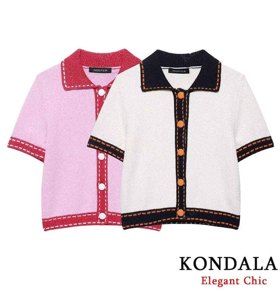 

KONDALA Cute Lady Knitted Coat Lapel Buttons Contrasting Line Slim Cardigan Jacket 2025 Spring Fall Fashion Elegant Women Coat