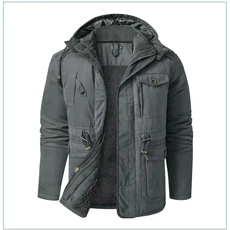 Men's Jacket WINTER USA SIZE Large SIZE Lamb Fleece JACKETS Hooded Cotton Thickened Multi Pocket Casual Mid length Coat M980