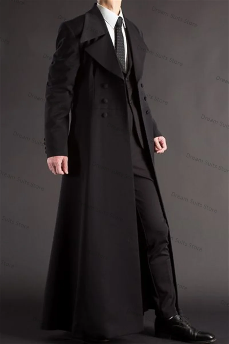 Black Cotton Men Suits Set 2 Pieces Long Blazer+Pants Customized Formal Office Business Jacket Wedding Tuxedo Coat Trousers