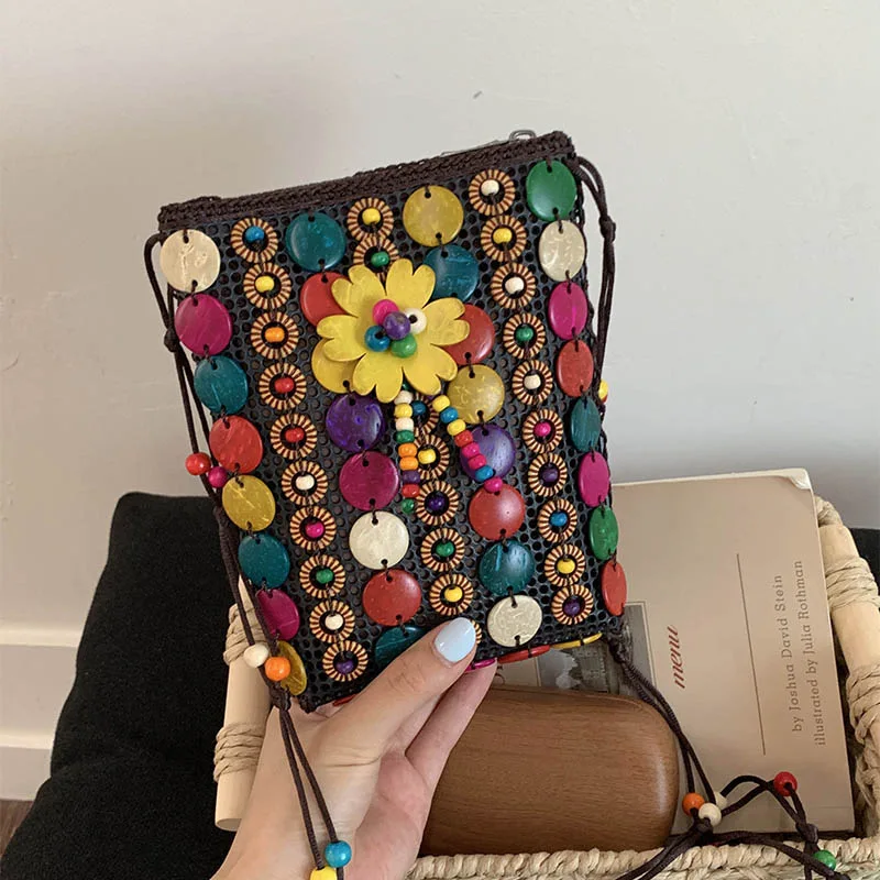 

New Boho Style Coconuts Beaded Crossbody Bag Women Summer Fashion Colorful Floral Zip Phone Bags Versatile Travel Shoudler Pack