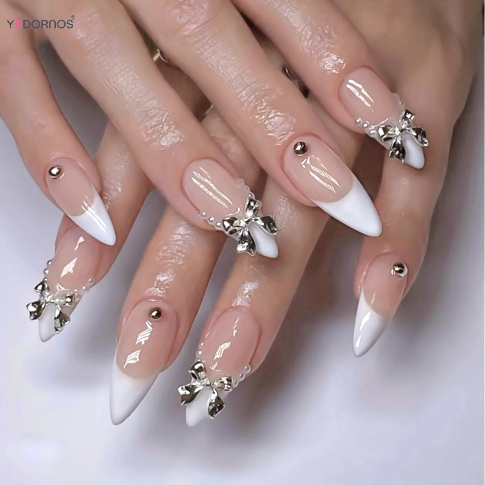 

24Pcs Nude Color False Nails 3D Metal Butterfly Pearl Flash Diamond Press On Nails Almond French Style Fake Nails Tips For Women