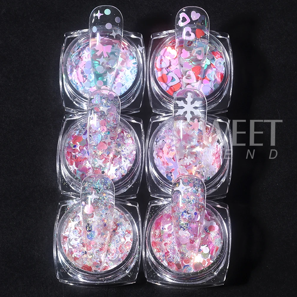 6/12 cajas de lentejuelas con purpurina rosa, mezcla de lentejuelas con forma de estrella y corazón para uñas, escamas holográficas, decoración de manicura para el Día de San Valentín