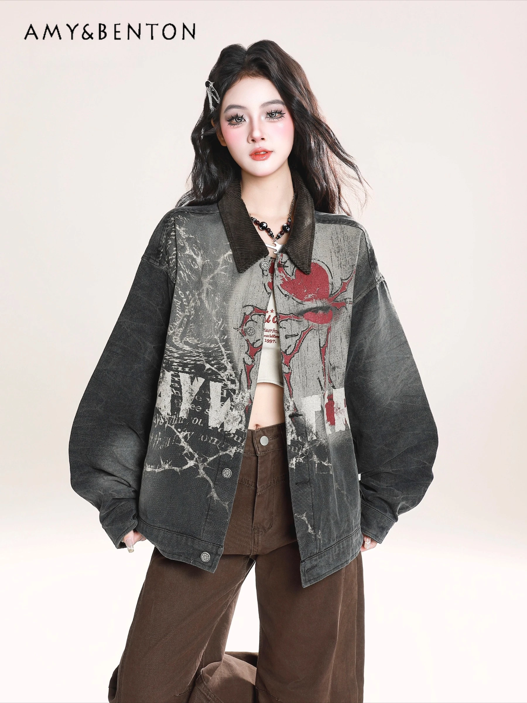 2025 primavera e outono nova venda quente americano rua punk feminino carta graffiti solto casual azul denim jaqueta