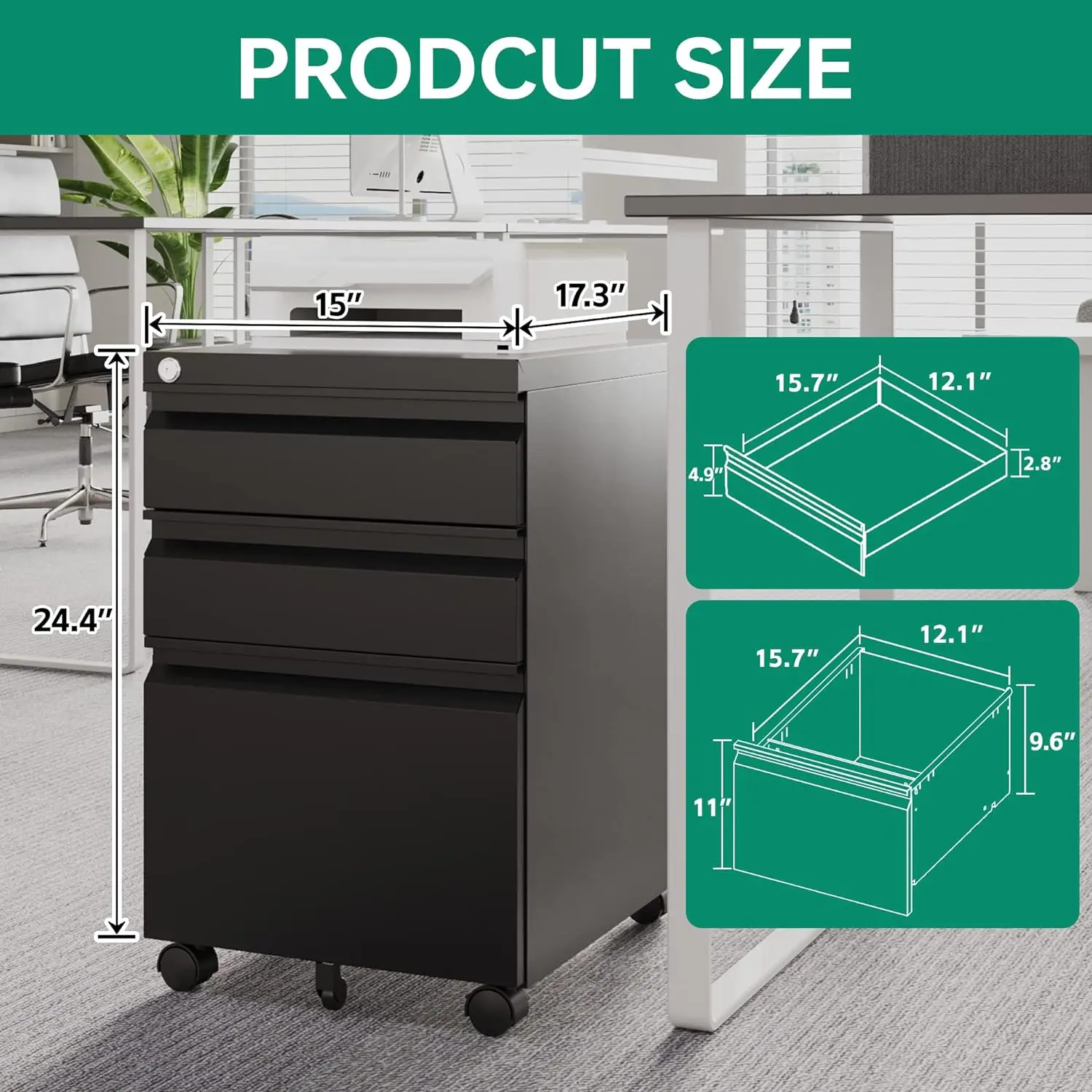 3 drawer mobile filing cabinet with lock, metal filing cabinet under the desk, suitable for home office organizers