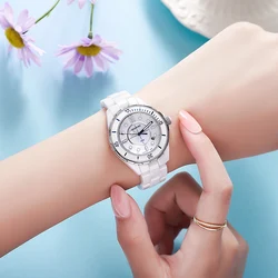 Opai round dial, white ceramic strap watch, women's rotatable bezel, quartz move, date, waterproof, women's watch, stylish