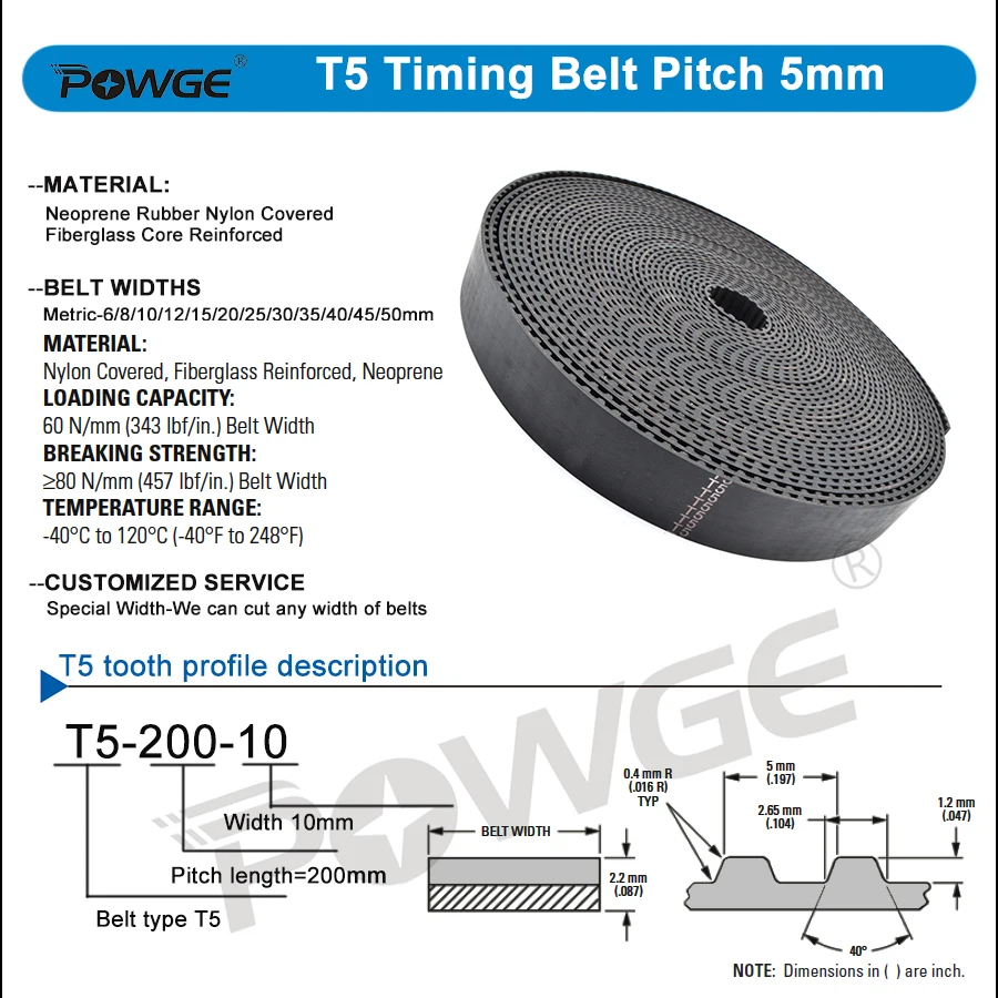 POWGE Trapezoidal PU T5 Open Timing belt width 6/10/15/16/20/25/30/35/40/50mm Rubber Fiberglass Polyurethane steel T5 Pulley