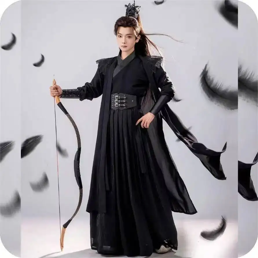 

Dark Black Wuxia Hanfu Men's Traditional Chinese Clothing Cool Stylish Halloweeen Swordsman Cosplay Costume Street Stage Outfits