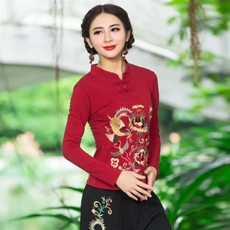Chinese Style Long Sleeve Embroidered T-shirt 2026 New Woman Spring Autumn Elegant Shirt Blouse Tops Female Casual Base Shirt image 6