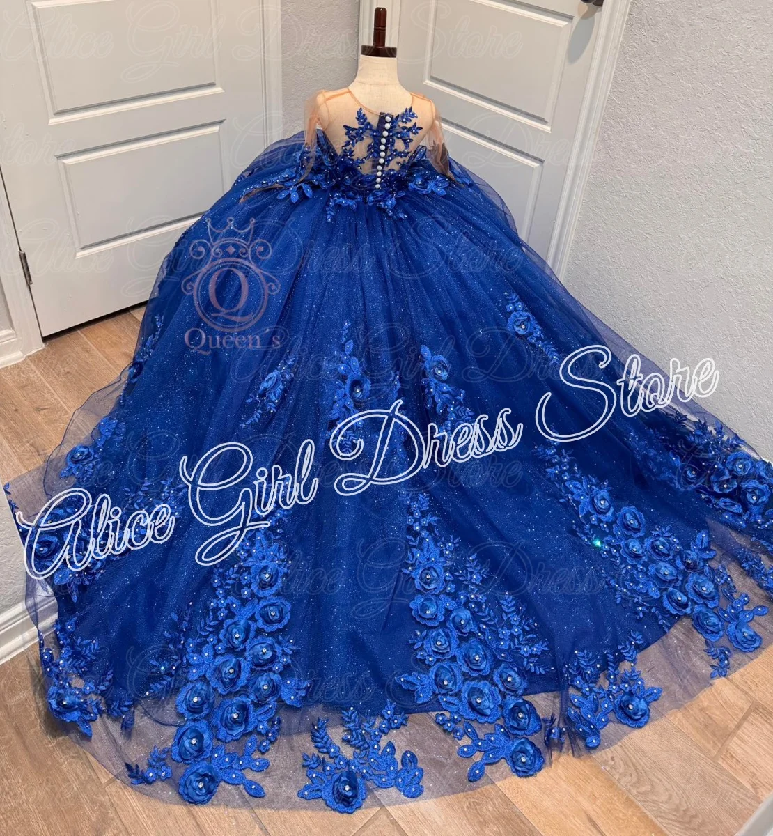 Customized Royal Blue Flower Girl Dress for Wedding Floral Lace Appliques First Holy Communion Girl Ball Birthday Party Gowns
