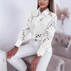 Fashion Vintage White Lace Long Sleeve Women Shirts Autumn Buttons Floral Print Tops And Blouses Womens Top Femme Office Shirt
