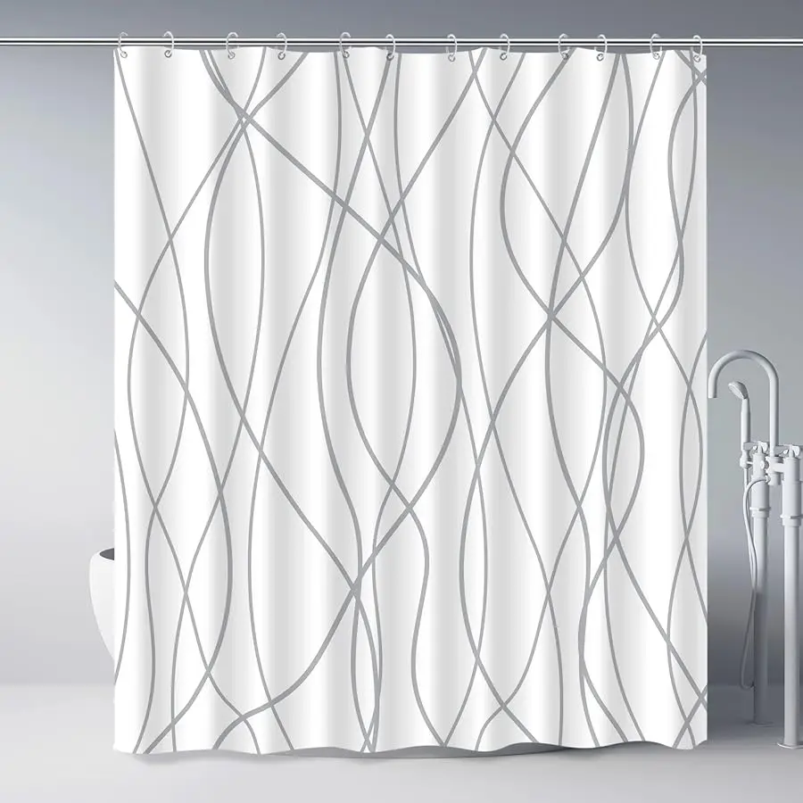 

Grey and White Striped Polyester Shower Curtain for Bathroom with Hooks, Curtains 72 Inches Long, Weighted Hem, Waterproof Bath
