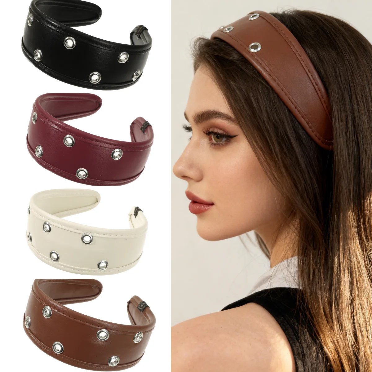 

Новая широкая женская повязка на голову с полым кольцом и металлическими заклепками, для женщин и девушек, для путешествий и шопинга, модный аксессуар для волос, обруч для волос