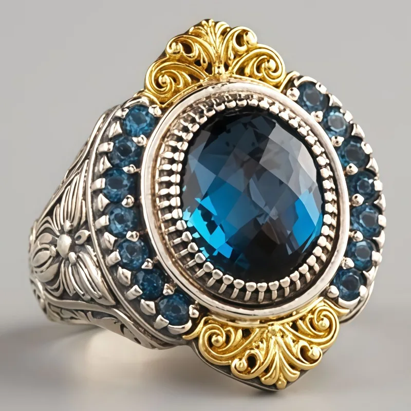 Vintage Inlaid Blue CZ Women's Ring Ethnic Two Color Hand Carving Daily Wear Party Jewelry Anniversary Gift
