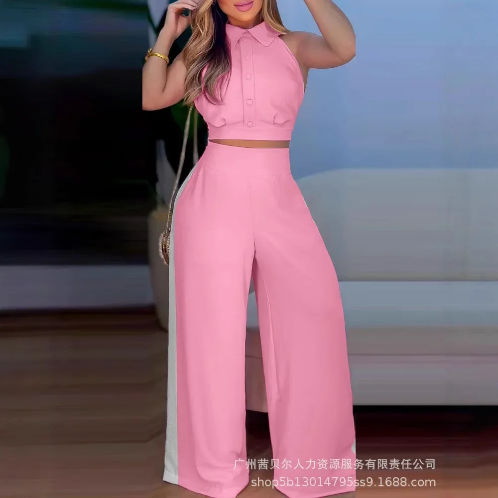 

Женский комплект без рукавов с отложным воротником и пуговицами спереди, весна-лето, топ и повседневные широкие брюки