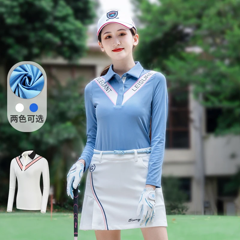 TTYGJ Golf Autumn Clothes Womens Shirts Full Long Sleeve T-Shirt Polo Stripe Lapel Sportswear Lady Tennis Apparel Slim Fit S~XL