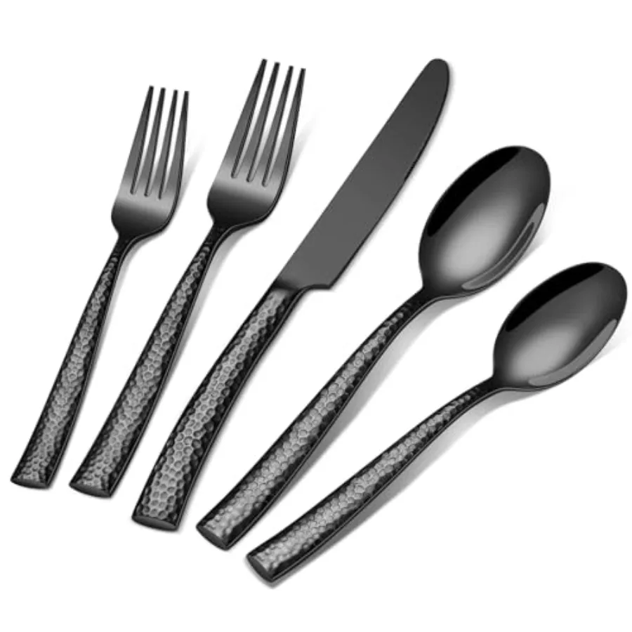 

20-Piece Black Silverware Set Stainless Steel Hammered Flatware Cutlery Set for 4 Mirror Polished Kitchen Utensils included Bla